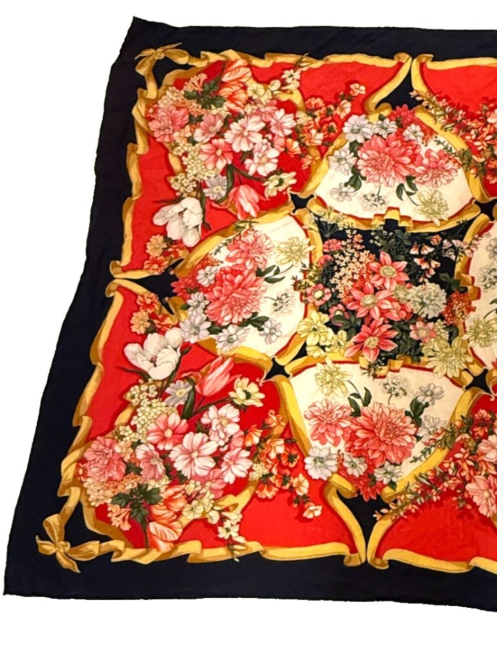VINTAGE ERRE SILK SCARF RED PINK FLORAL RIBBON BORDER HAND ROLLED SQUARE ITALY